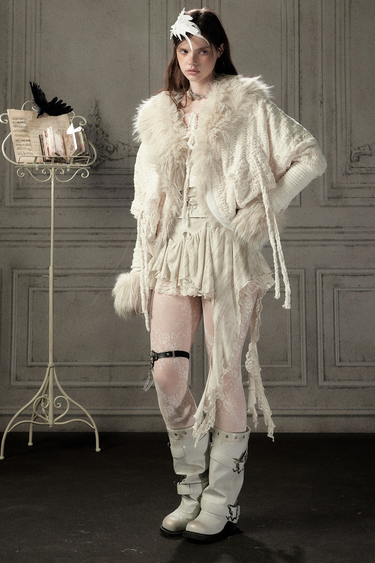 Beige Fur Collar Batwing Knit Jacket