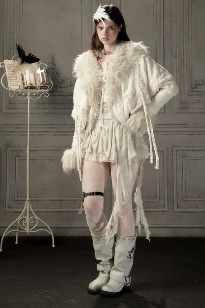 Beige Fur Collar Batwing Knit Jacket