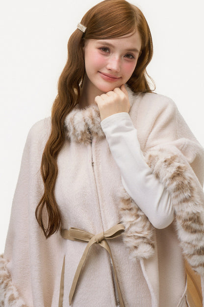 Leopard Print Fur Spliced Wool Cape