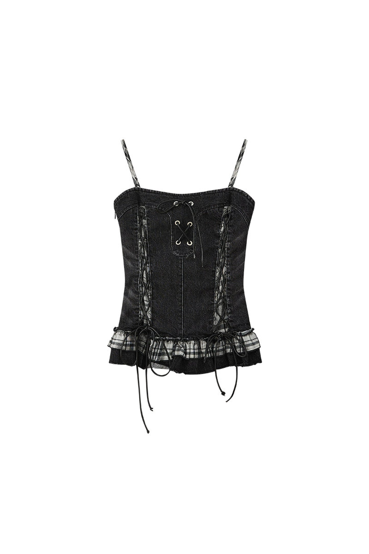Plaid Splicing Ruffled Denim Camisole Top