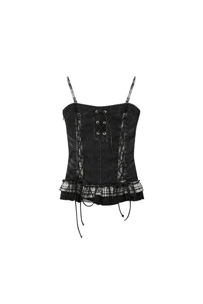 Plaid Splicing Ruffled Denim Camisole Top