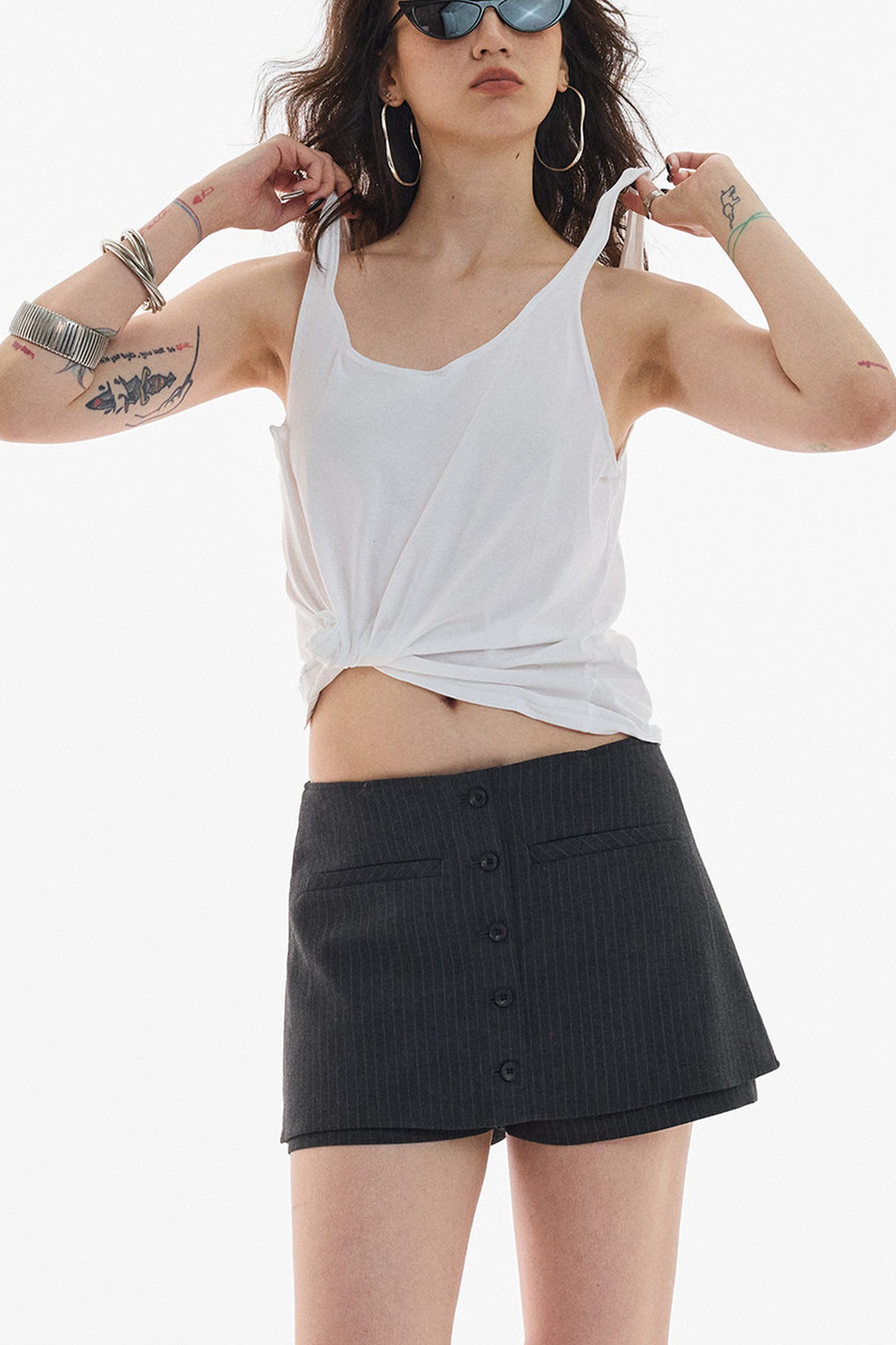Gray White Striped Button Front Skirt
