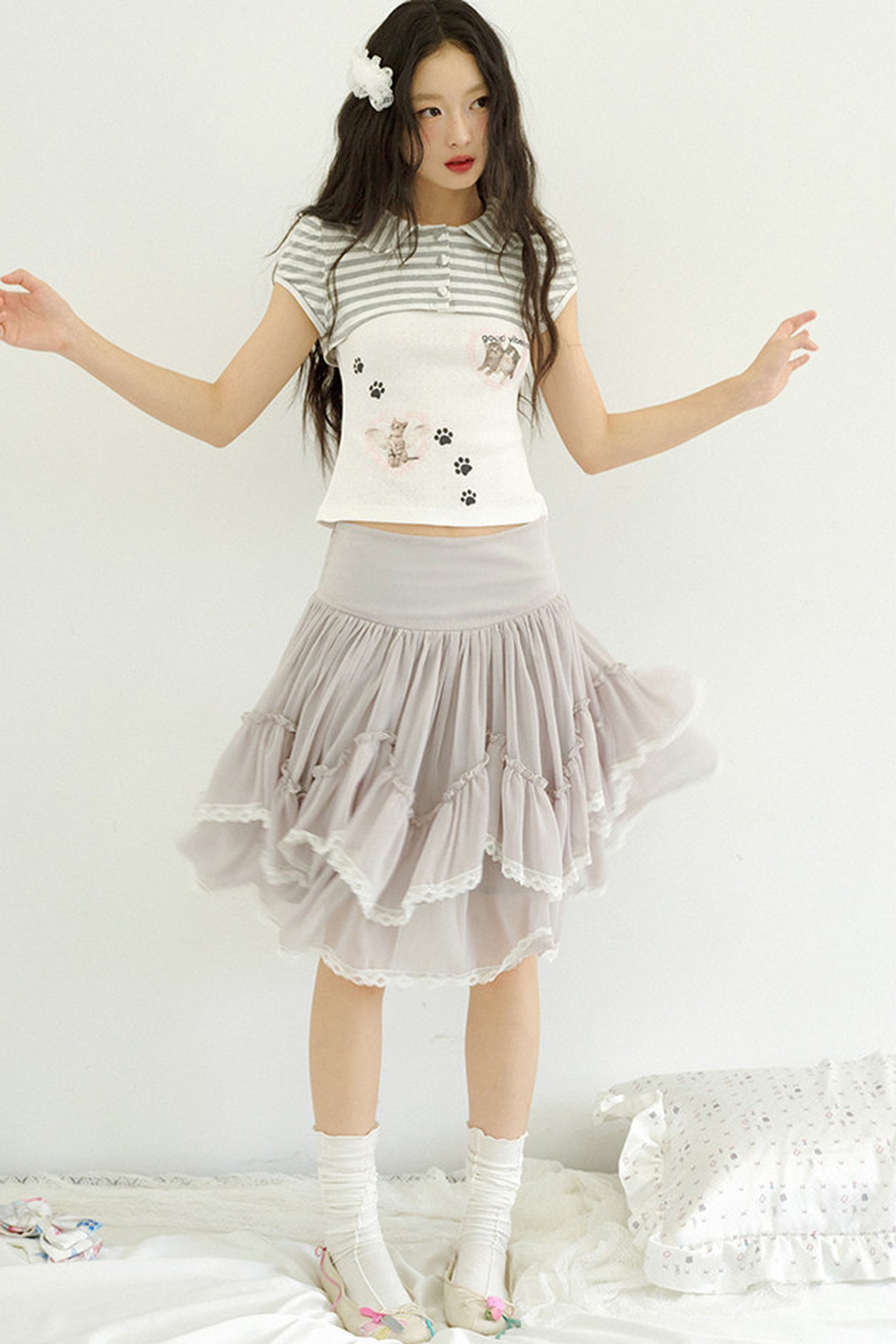 Cat Print Faux Two-Piece Knit Top
