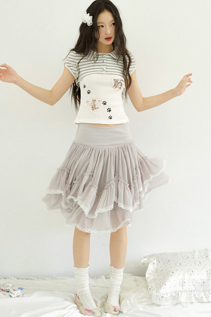 Cat Print Faux Two-Piece Knit Top
