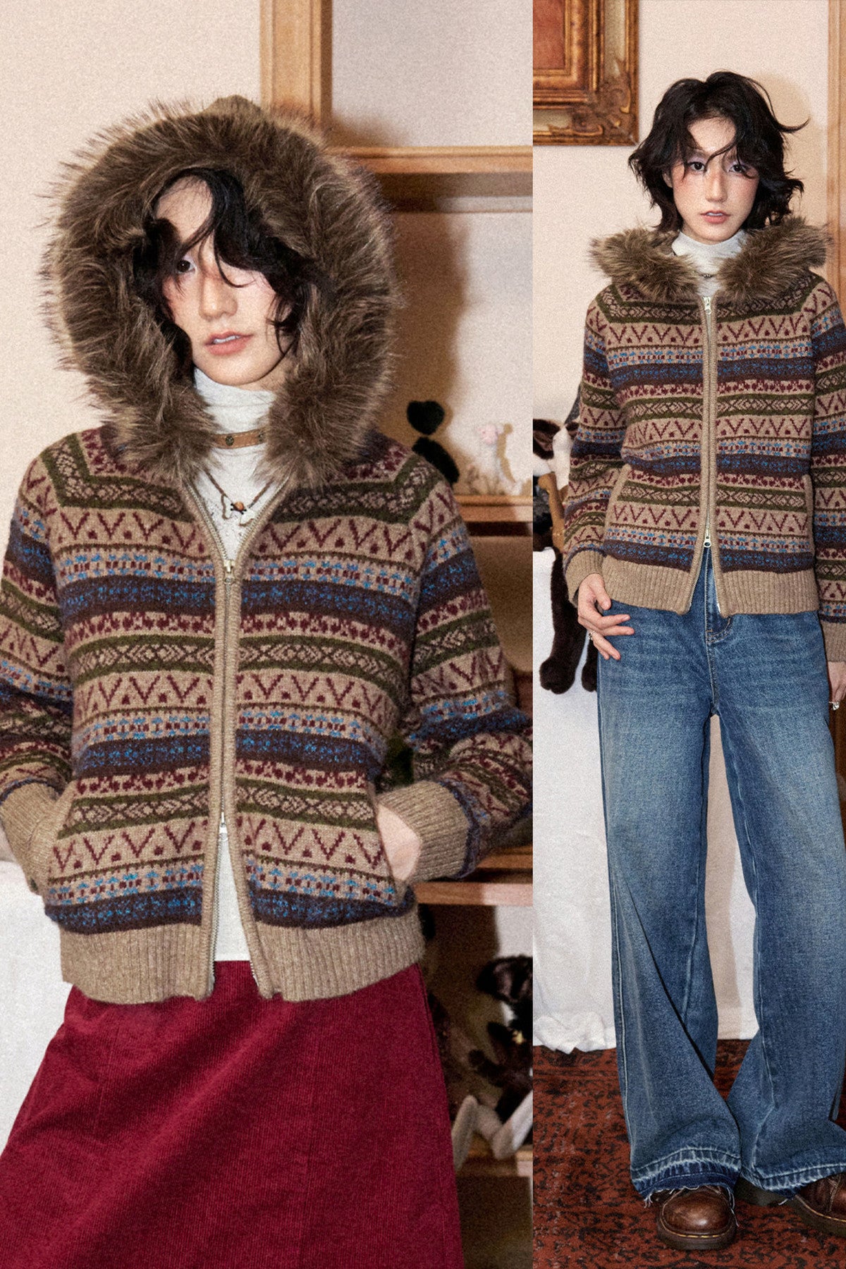 Hooded Fair Isle Wool Cardigan