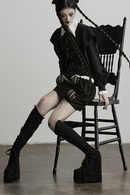 High-Waisted Straight Ball-Decorated Striped Patchwork Skirt