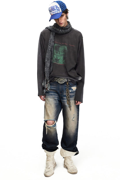 Gradient Washed Distressed Flared Jeans