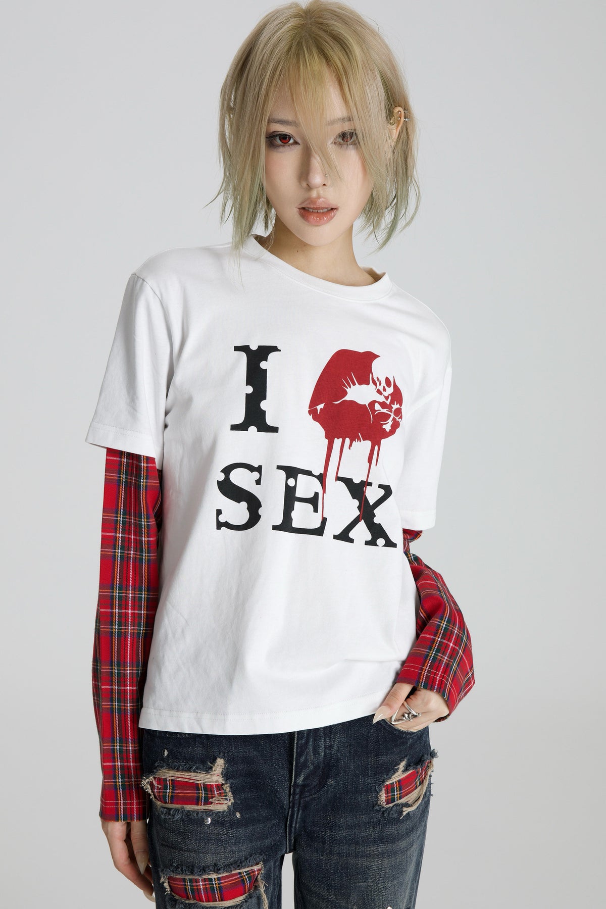 Red Checkered Patchwork Long Sleeve T-Shirt