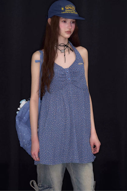 Blue Floral Waist-Tie Halter Camisole