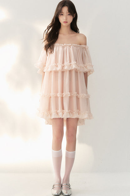 One-Shoulder Smoky Pink Tulle Lace Dress
