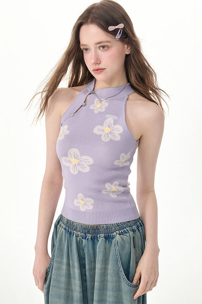 Verträumtes lila Strick-Neckholder-Oberteil mit Blumenmuster