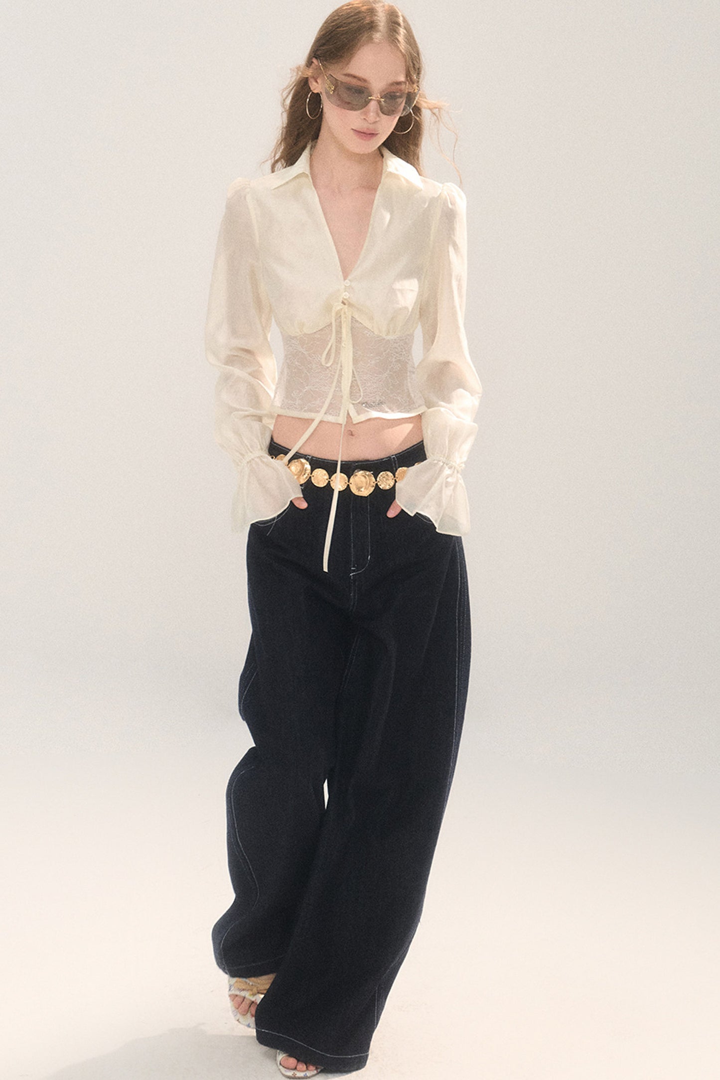 Short Lace Panel V-Neck Shirt