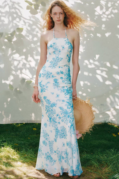 Blue Porcelain Floral Halter Maxi Dress