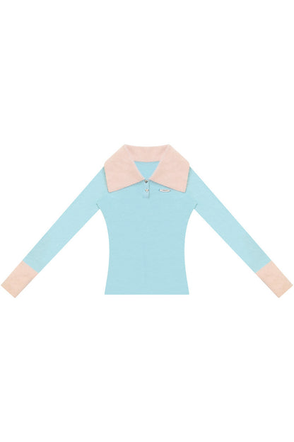 Contrasting Color Polo Collar Knit Top