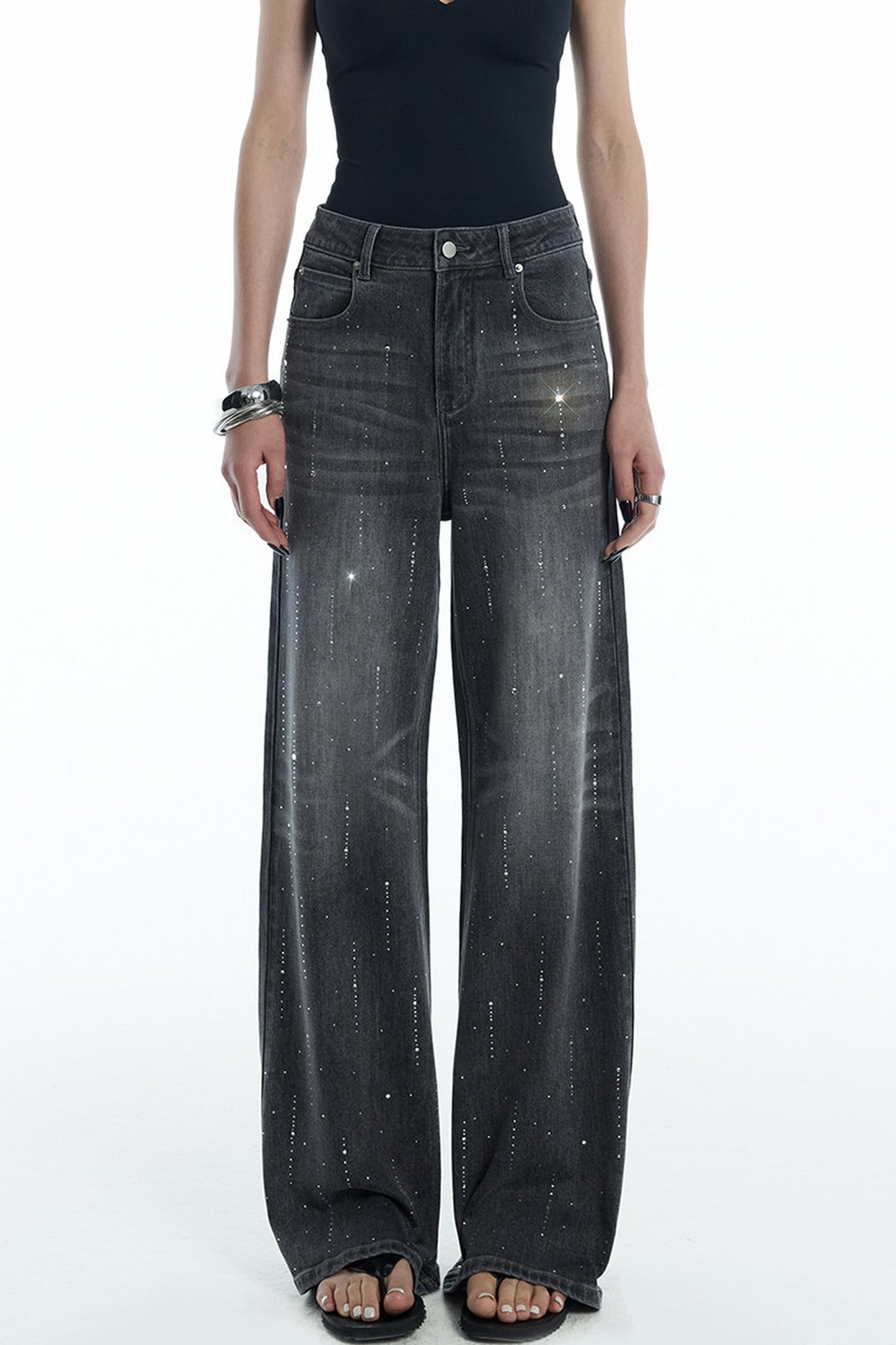 Scattered Rhinestone Wide-Leg Jeans