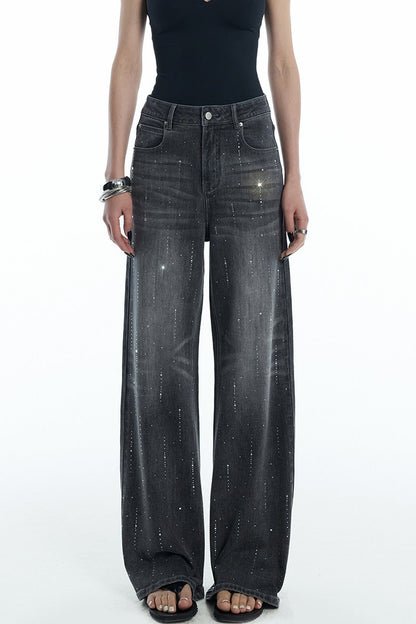 Scattered Rhinestone Wide-Leg Jeans