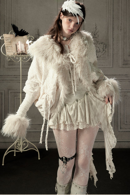 Beige Fur Collar Batwing Knit Jacket