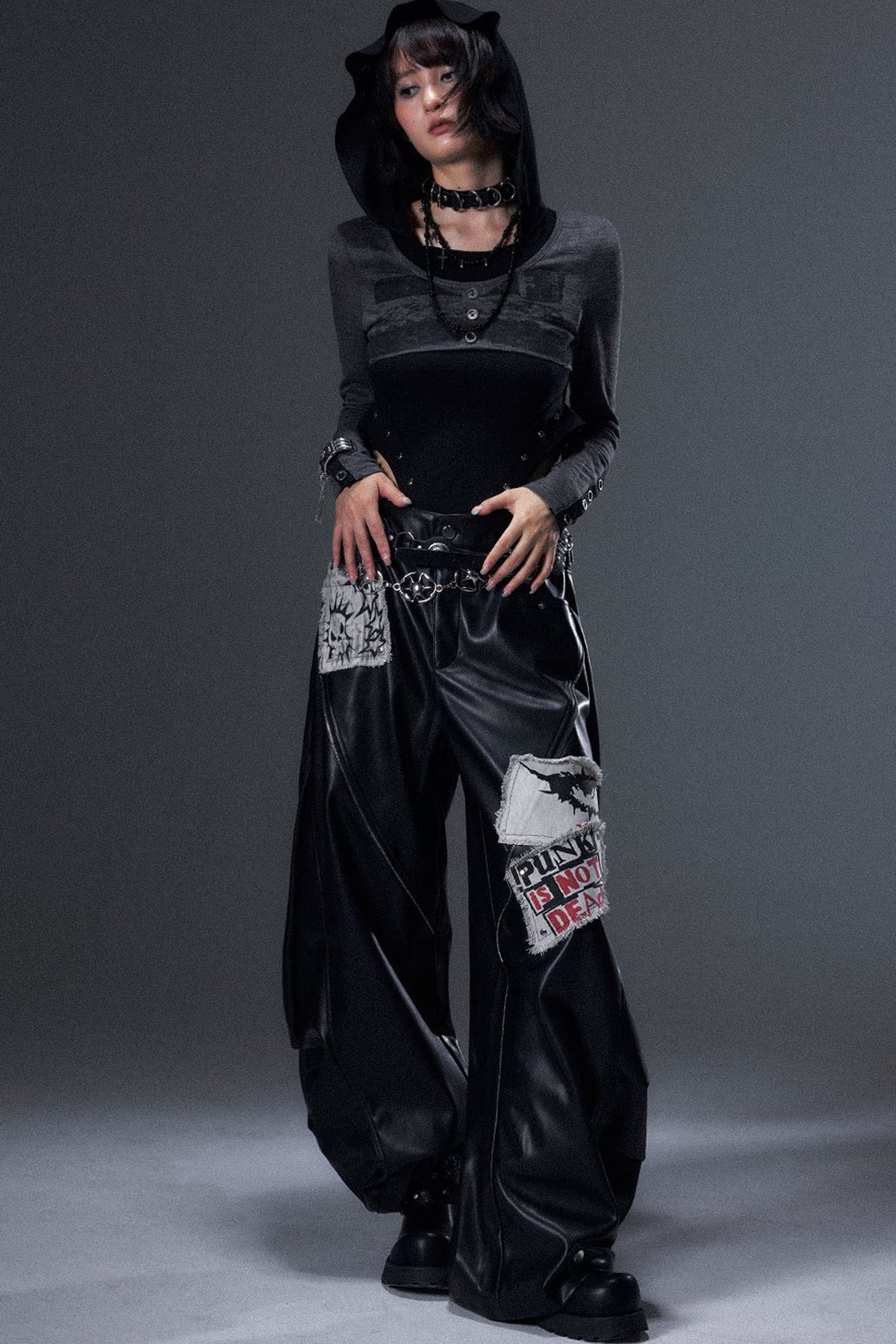 Dark Punk Drop-Crotch Hooded Knit Bodysuit