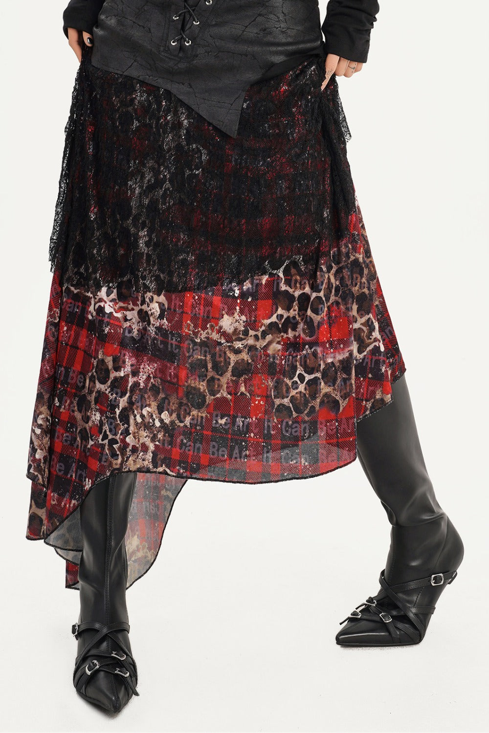 Dark Red Plaid Mesh Skirt and Top Set