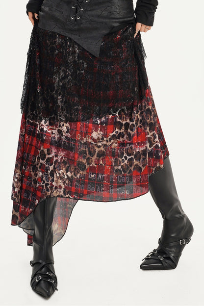 Dark Red Plaid Mesh Skirt and Top Set