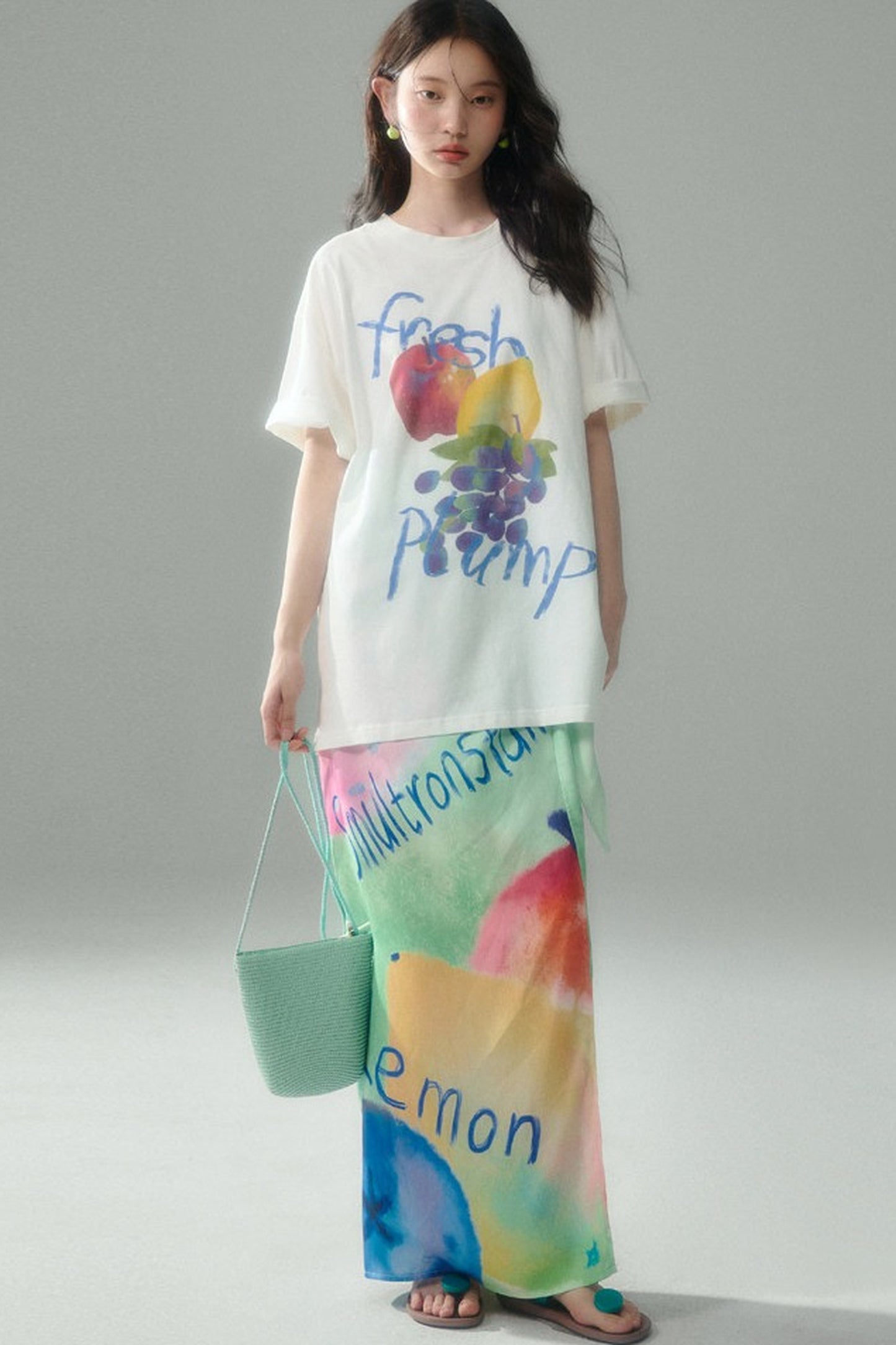 Hand-Painted Fruit Print T-Shirt and Wrap Skirt Set-Up