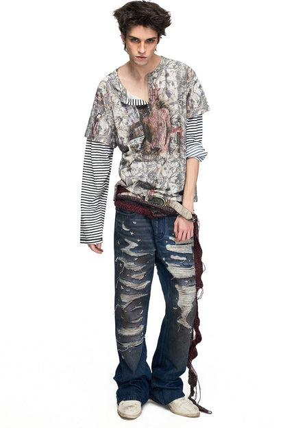 Star Stud Embroidered Washed Ripped Flared Jeans