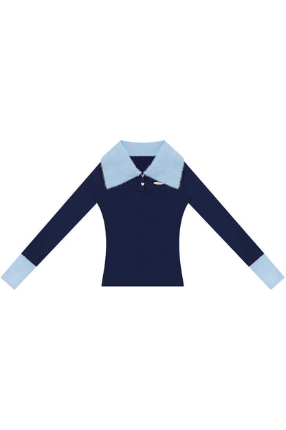 Navy Blue Polo Collar Knit Sweater