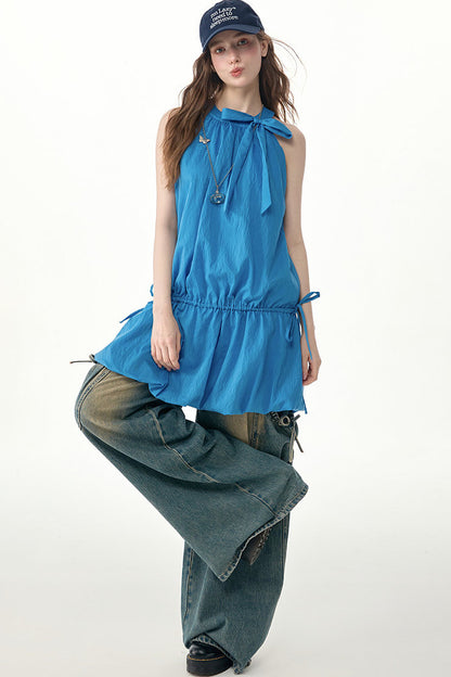 Blue Halter Bow Sleeveless Dress