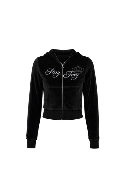 Glossy Velvet Hooded Tracksuit Set-Up