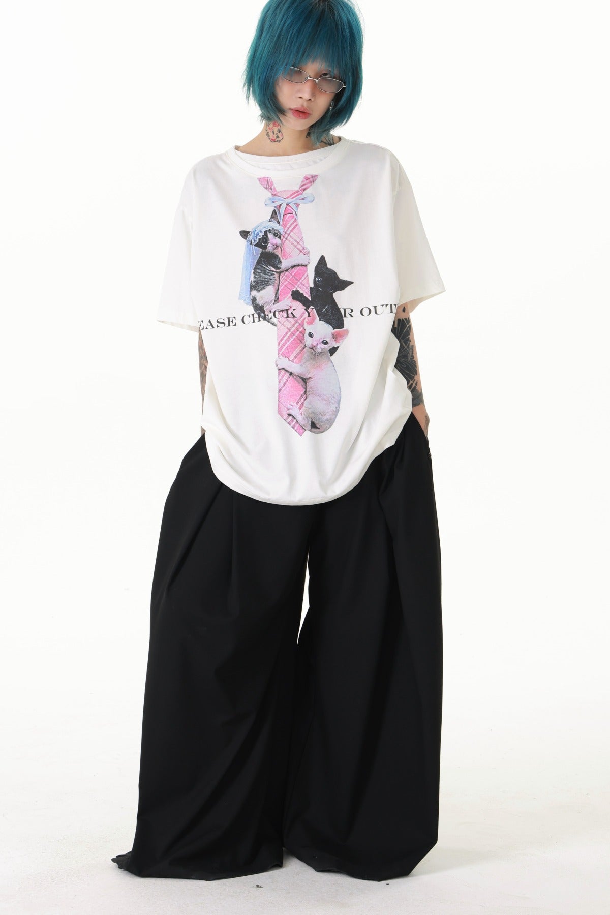 Plaid Tie Cat Print T-Shirt