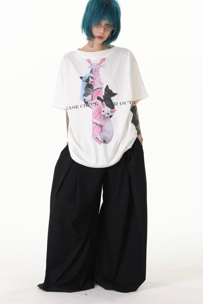 Plaid Tie Cat Print T-Shirt