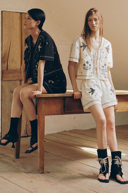 Bird Embroidered Cotton Linen Cardigan And Shorts Set-Up