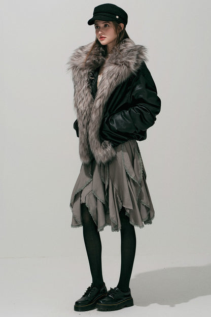 Large Fur Collar Leather Jacket