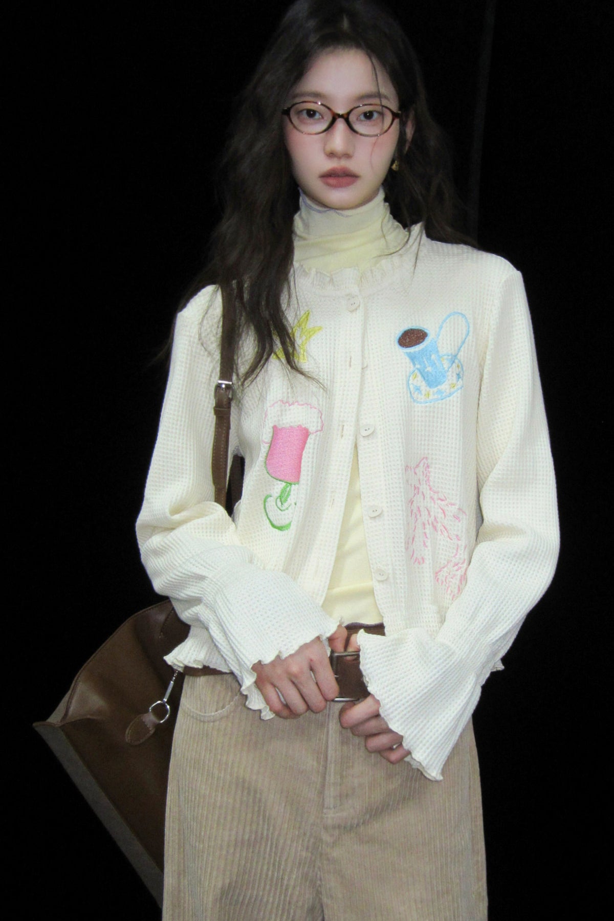 Hand-Painted Embroidered Bell-Sleeve Knit Cardigan