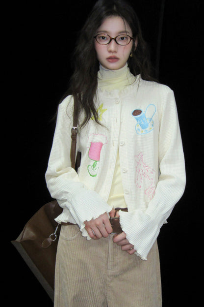 Hand-Painted Embroidered Bell-Sleeve Knit Cardigan