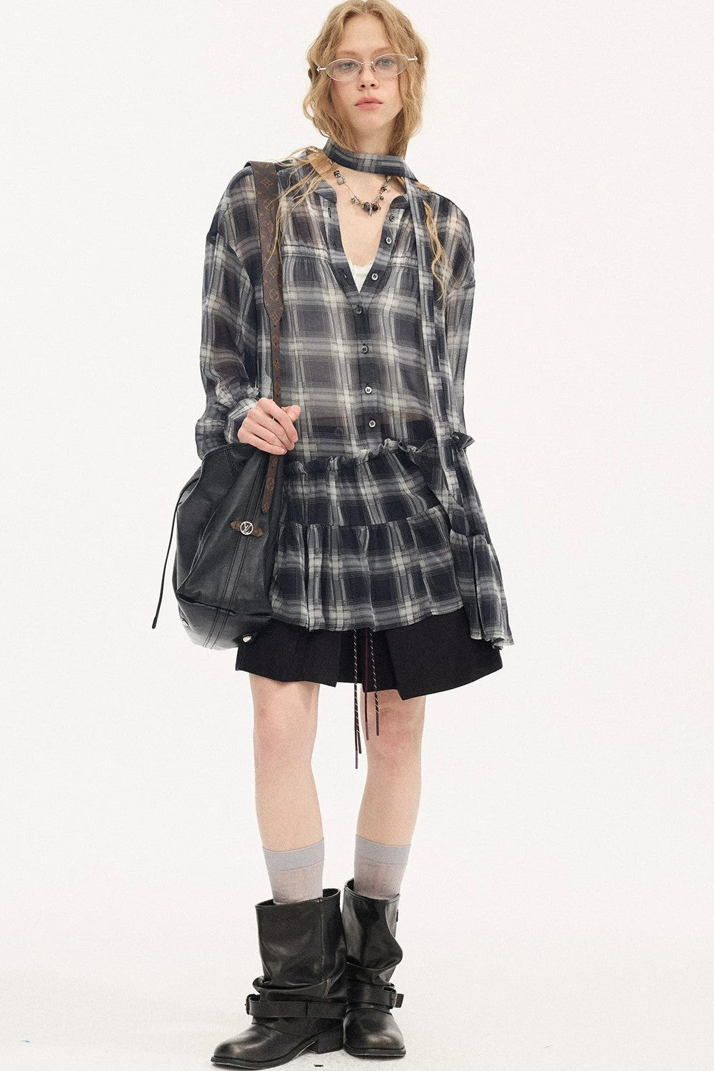 Drop Shoulder Plaid Blouse