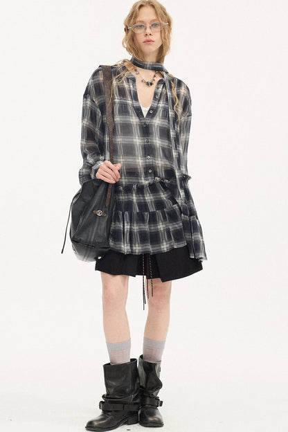 Drop Shoulder Plaid Blouse