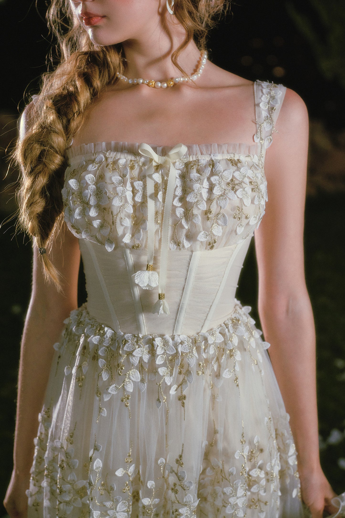 Embroidery Fishbone Strap Long Dress