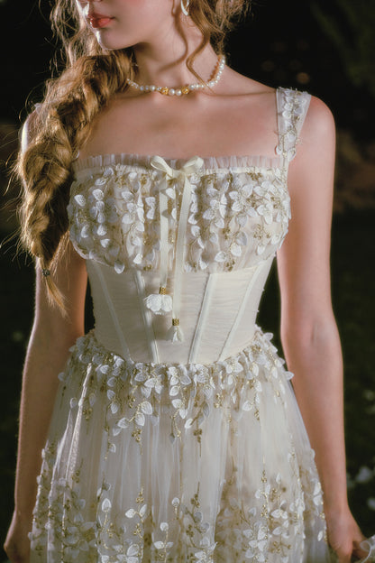 Embroidery Fishbone Strap Long Dress