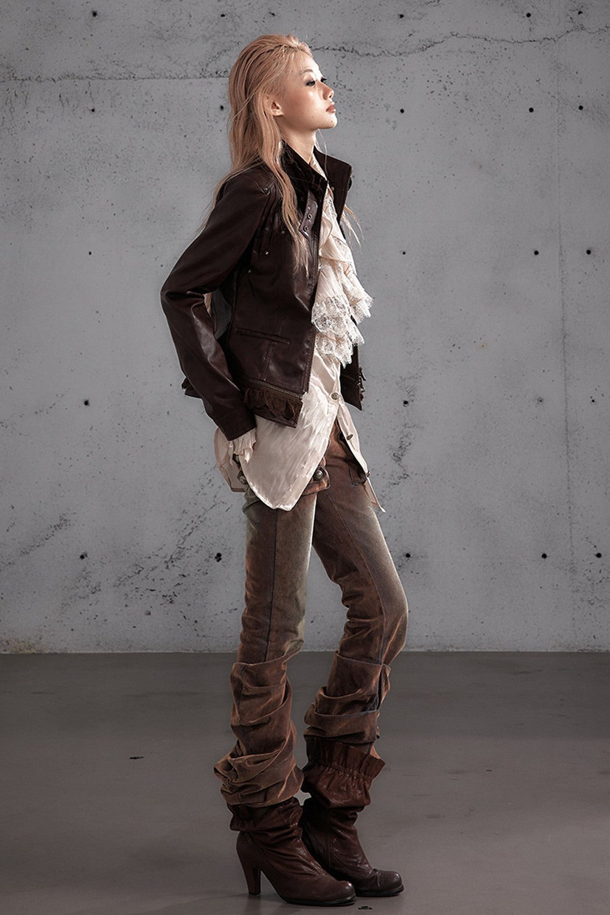 Punk Flocked Ruched Low-Waist Curved Leg Jeans