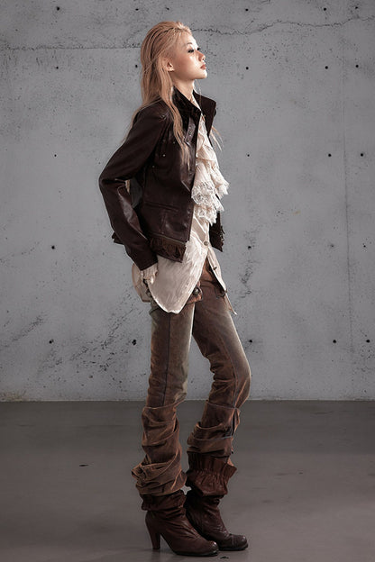 Punk Flocked Ruched Low-Waist Curved Leg Jeans