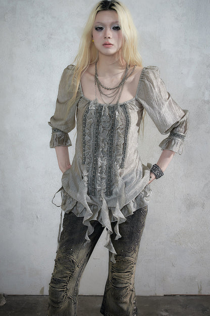 Ruffle Ribbon Puff Sleeve Blouse