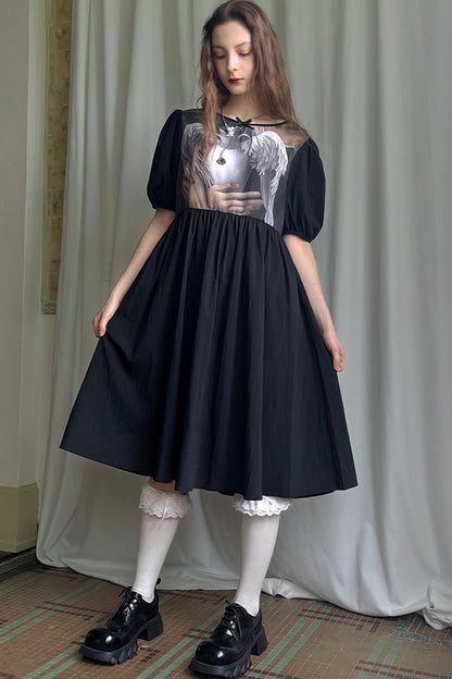 Tempera Oil Painting Print Short-Sleeved Dress