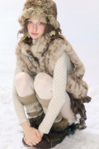 Plush Patchwork Plaid Leopard Horn Button Jacket