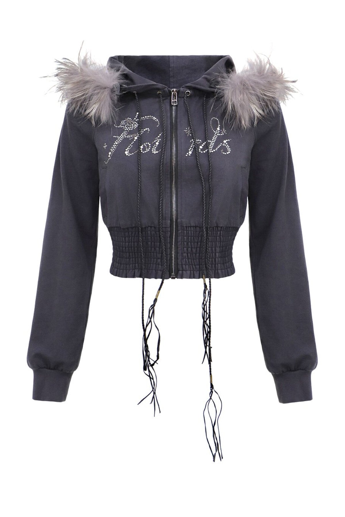 Detachable Fur Rhinestone Hooded Sweatshirt Jacket