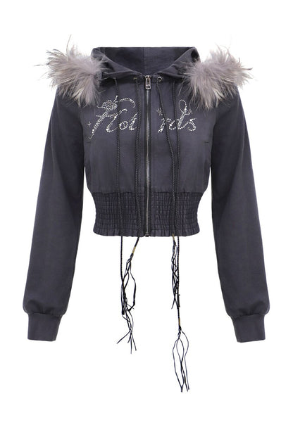 Detachable Fur Rhinestone Hooded Sweatshirt Jacket