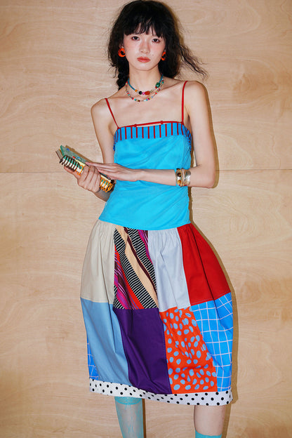 Patchwork Pleated Balloon Dress