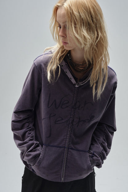 Sand-Washed Topstitched Ruched Hooded Strap Cardigan