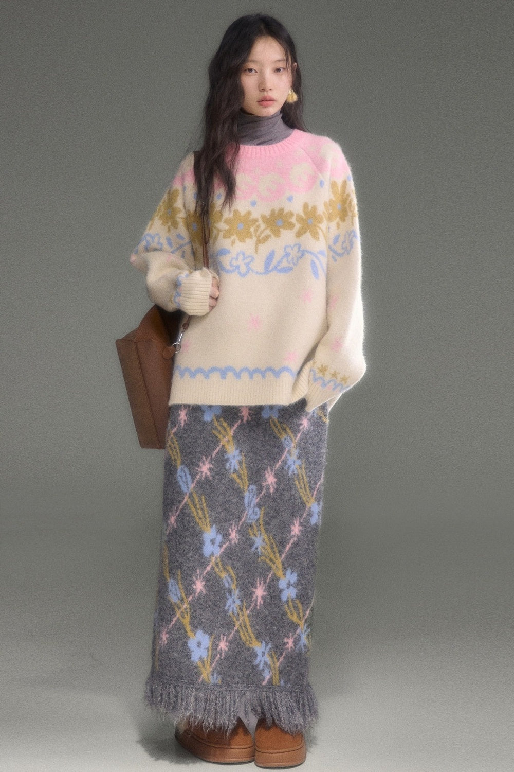 Tulip Floral Jacquard Knit Tassel Skirt