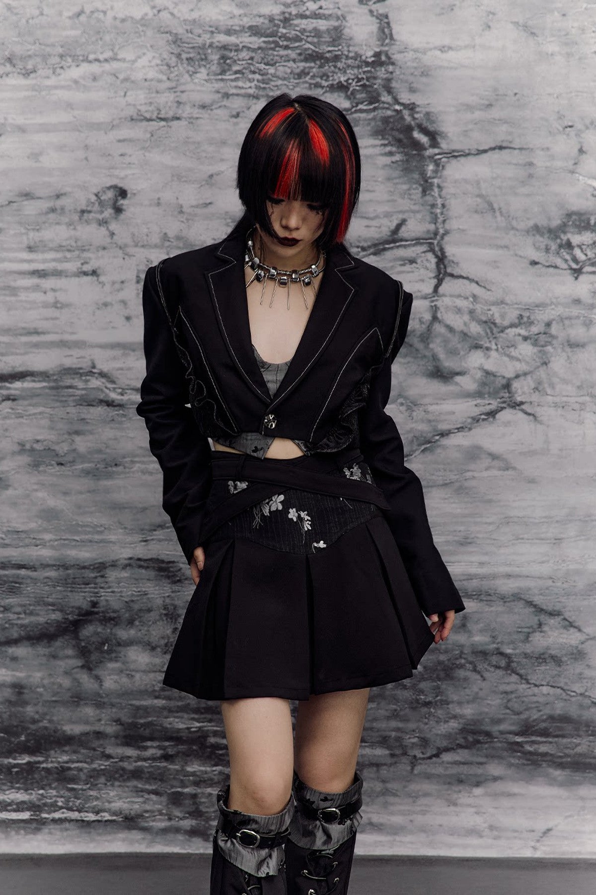 Dark Slimming Patchwork Lapel Jacket Set
